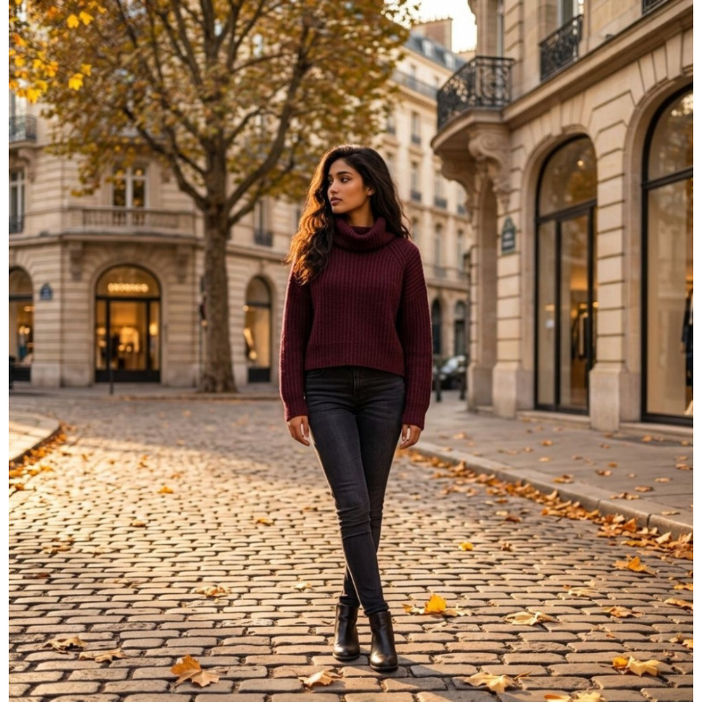 Women's Zara Knit Burgundy Ribbed Turtleneck Crop Sweater M Scandi Fisherman